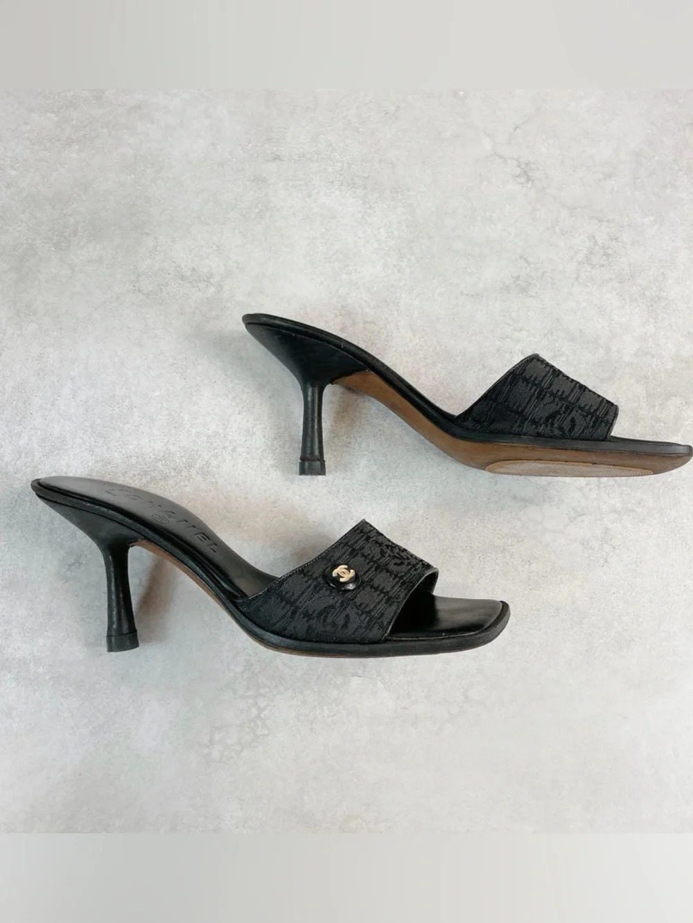 CHANEL Black Heeled Mules Sandals / Size 36.5 / Travel Line COCO / Vintage